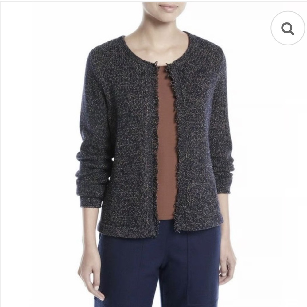 Eileen Fisher Linen Blend Fringe Trim Cardigan medium cottagecore workwear chic